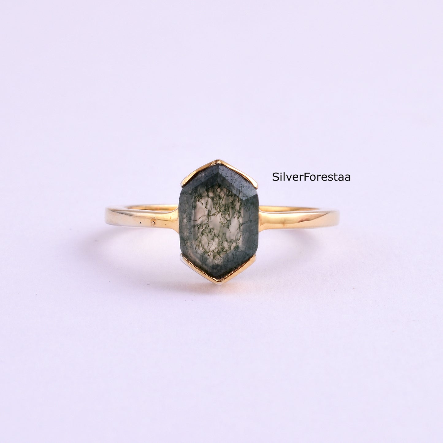 Midnight Moss Agate Ring | Sterling Silver Engagement Ring