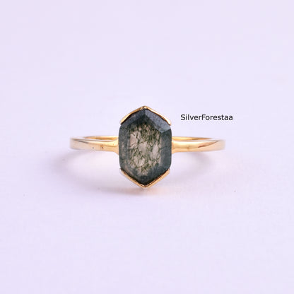 Midnight Moss Agate Ring | Sterling Silver Engagement Ring