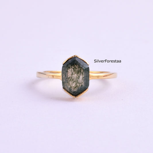 Midnight Moss Agate Ring | Sterling Silver Engagement Ring