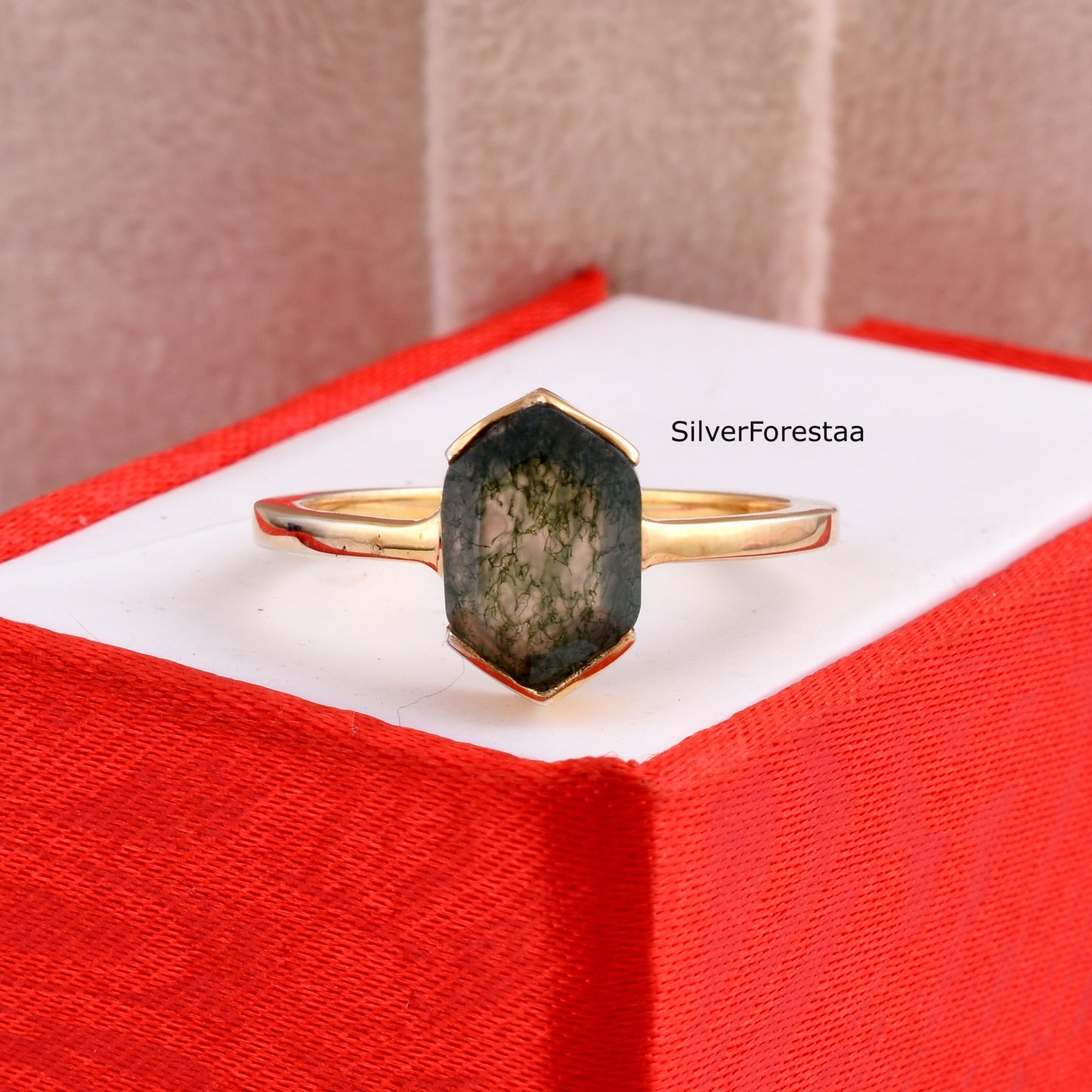 Midnight Moss Agate Ring | Sterling Silver Engagement Ring
