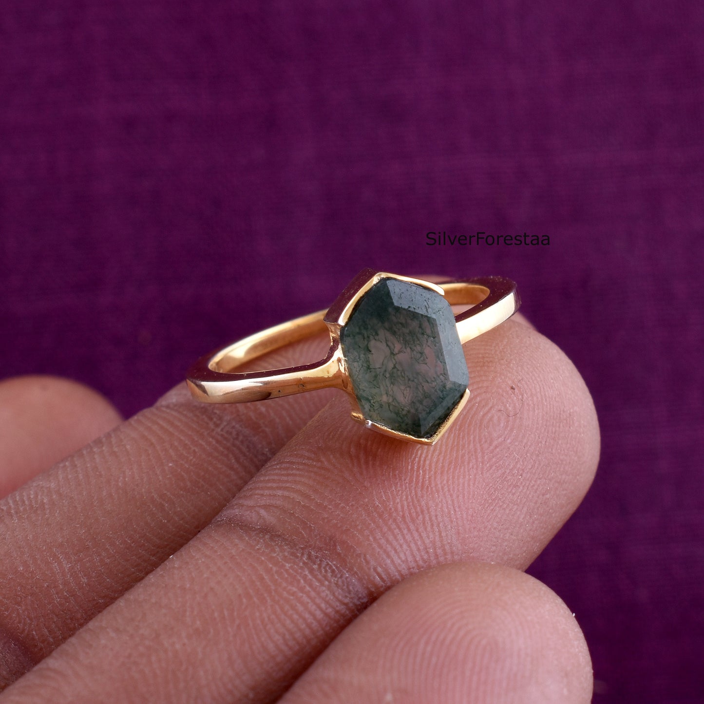 Midnight Moss Agate Ring | Sterling Silver Engagement Ring