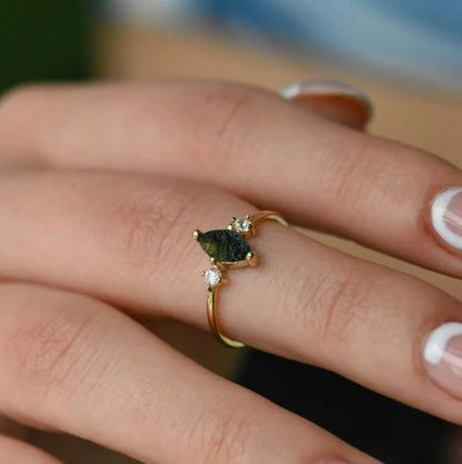 Marquise Moldavite Ring Dainty Jewelry - SilverForestaa