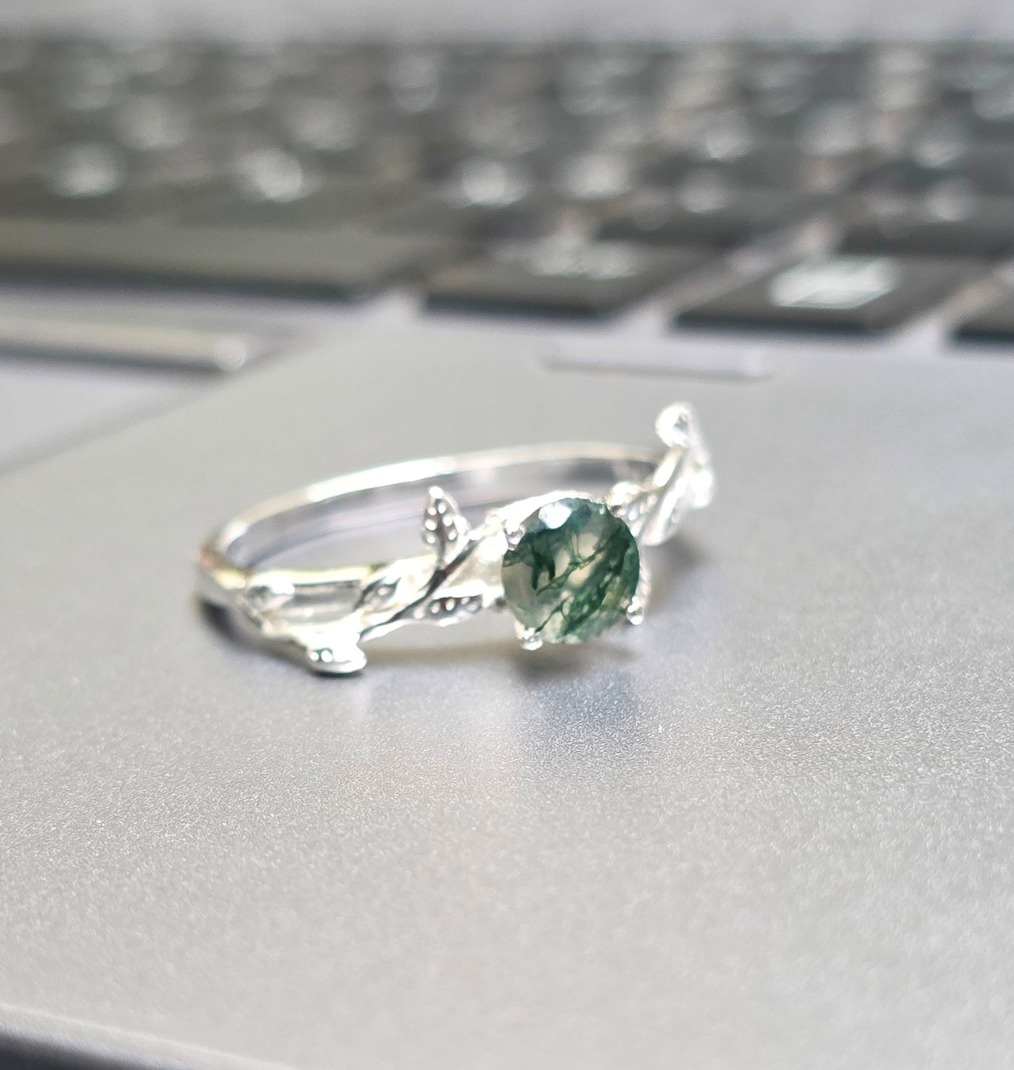 Witchy Moss Agate Sterling Silver Leaf Ring - SilverForestaa