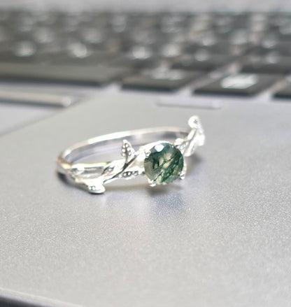 Witchy Moss Agate Sterling Silver Leaf Ring - SilverForestaa