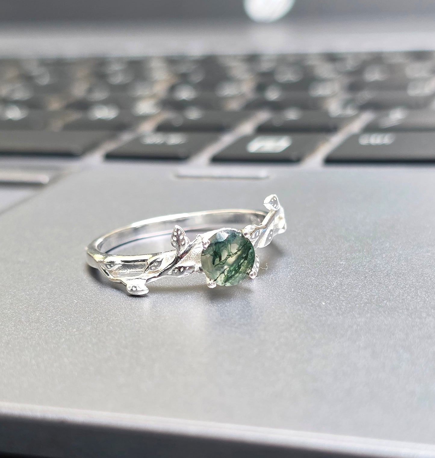 Witchy Moss Agate Sterling Silver Leaf Ring - SilverForestaa