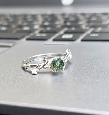 Witchy Moss Agate Sterling Silver Leaf Ring - SilverForestaa