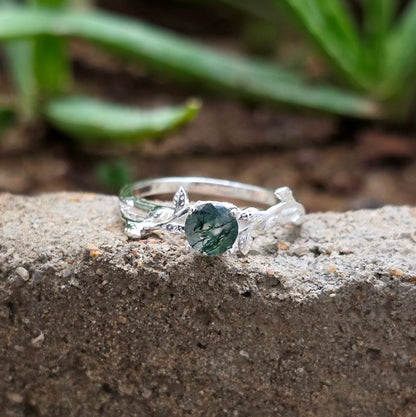 Witchy Moss Agate Sterling Silver Leaf Ring - SilverForestaa