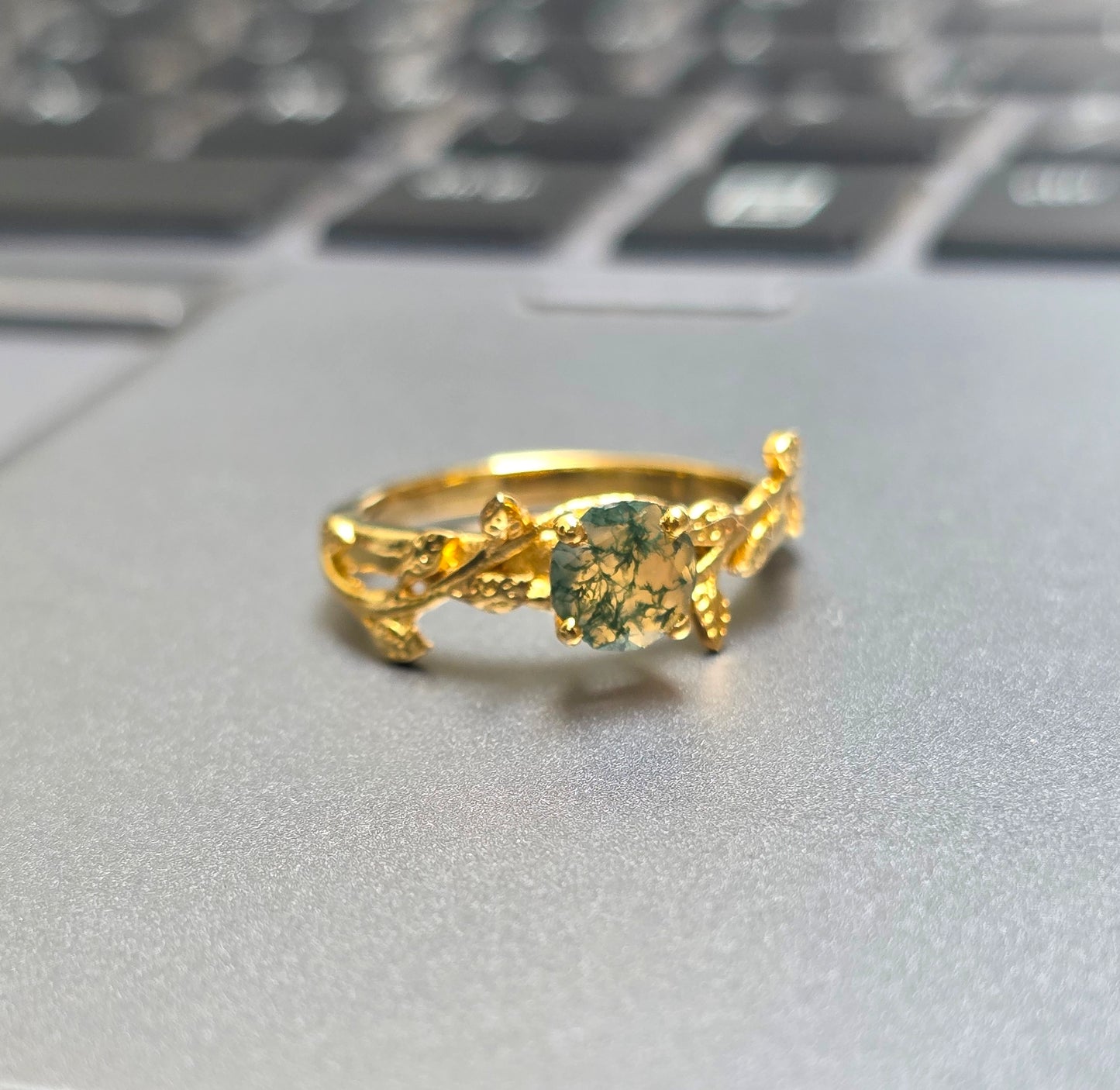 Witchy Moss Agate Sterling Silver Leaf Ring - SilverForestaa