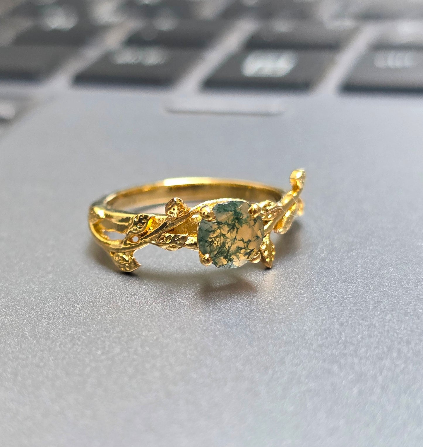 Witchy Moss Agate Sterling Silver Leaf Ring - SilverForestaa