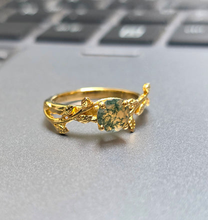 Witchy Moss Agate Sterling Silver Leaf Ring - SilverForestaa