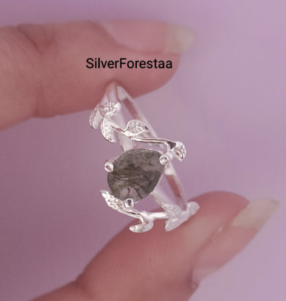 Nature's Embrace: Moss Agate Leaf Ring in Solid Silver