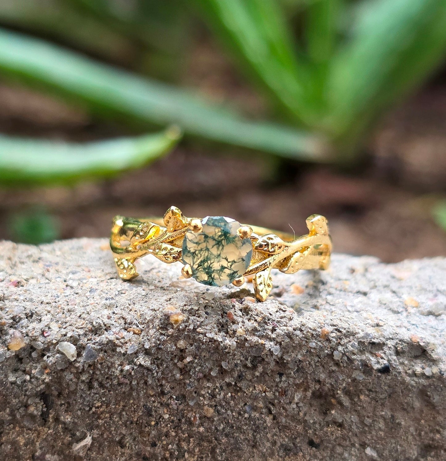 Witchy Moss Agate Sterling Silver Leaf Ring - SilverForestaa