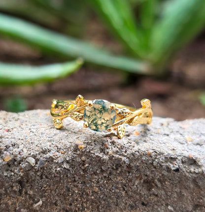 Witchy Moss Agate Sterling Silver Leaf Ring - SilverForestaa