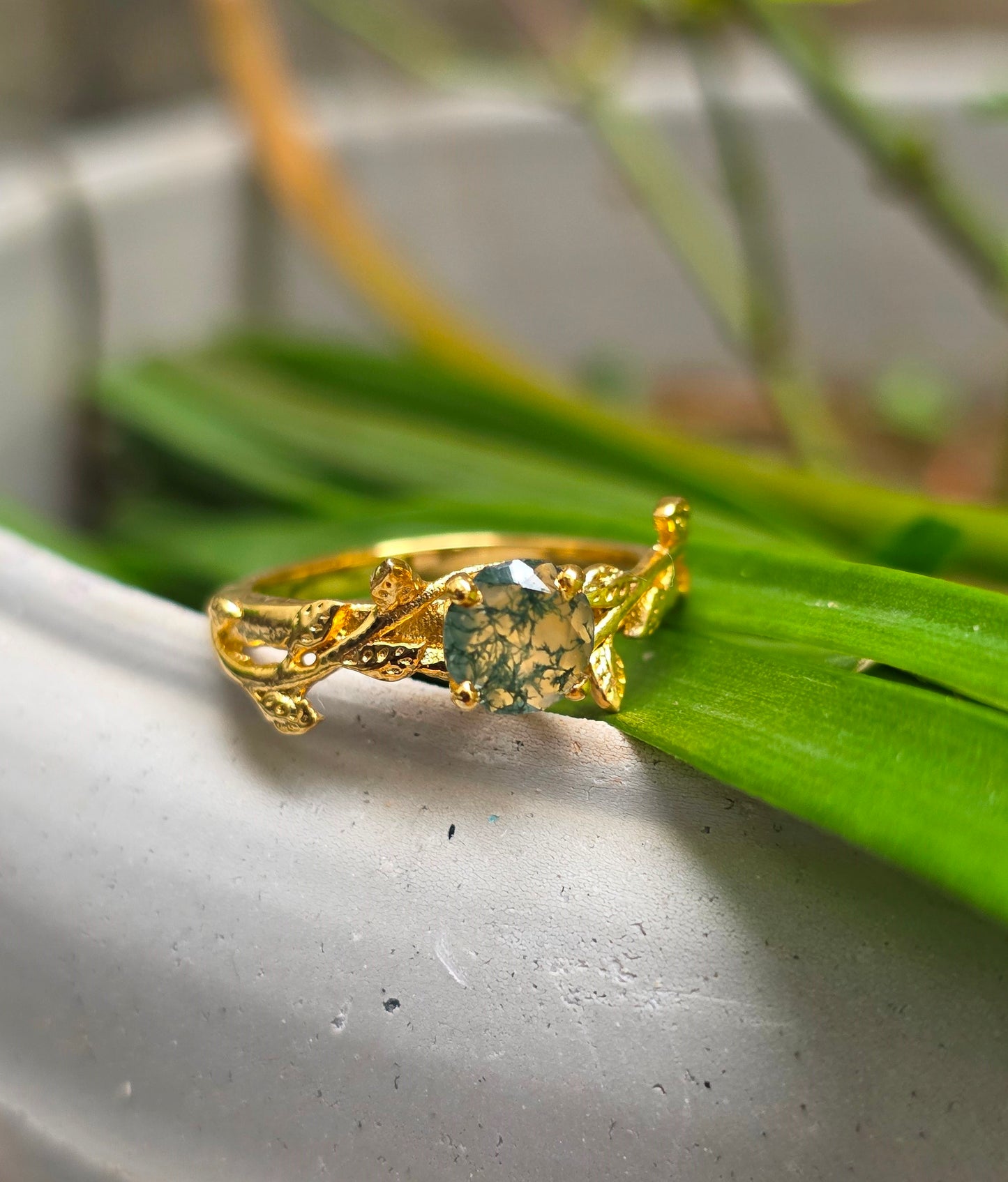 Witchy Moss Agate Sterling Silver Leaf Ring - SilverForestaa