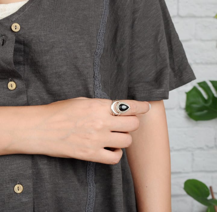 Black Tourmaline Ring - Handmade Crescent Moon Jewelry