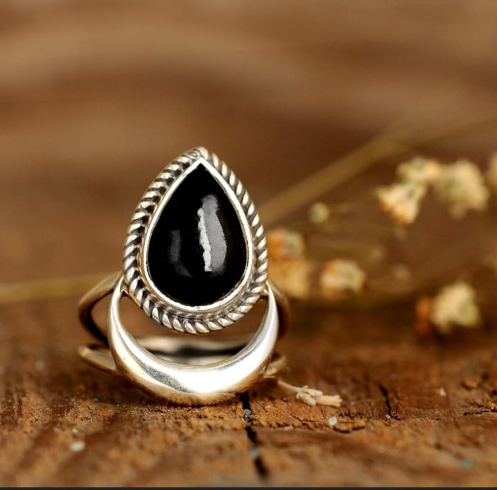 Black Tourmaline Ring - Handmade Crescent Moon Jewelry