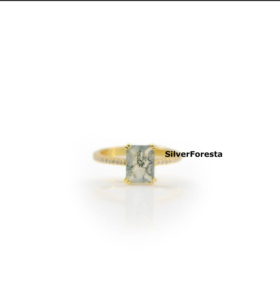 Baguette Moss Agate Ring | 925 Sterling Silver - SilverForestaa