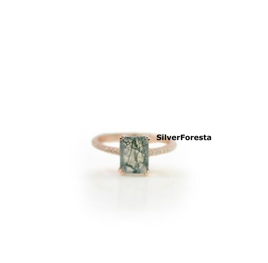 Baguette Moss Agate Ring | 925 Sterling Silver - SilverForestaa
