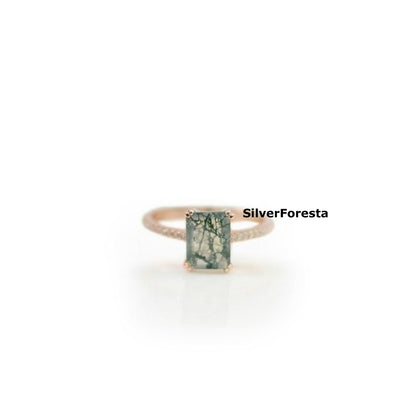 Baguette Moss Agate Ring | 925 Sterling Silver - SilverForestaa