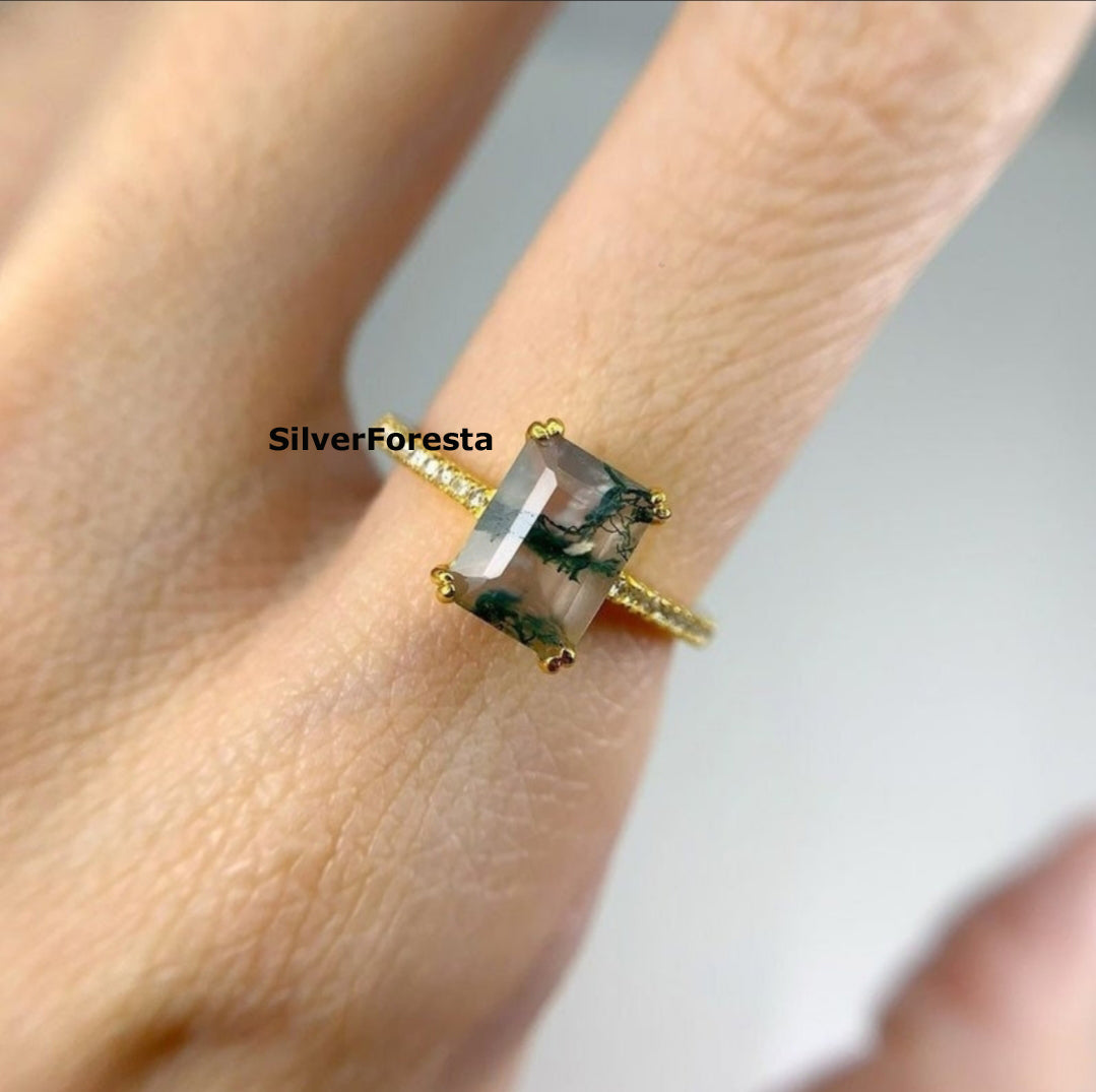 Baguette Moss Agate Ring | 925 Sterling Silver - SilverForestaa