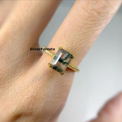 Baguette Moss Agate Ring | 925 Sterling Silver - SilverForestaa