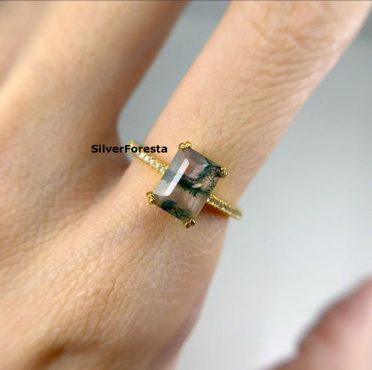 Baguette Moss Agate Ring | 925 Sterling Silver - SilverForestaa