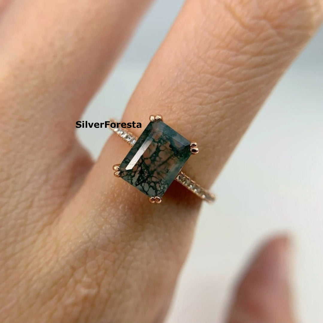 Baguette Moss Agate Ring | 925 Sterling Silver - SilverForestaa