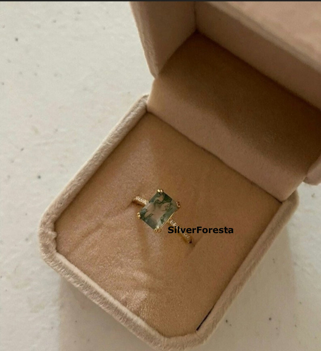 Baguette Moss Agate Ring | 925 Sterling Silver - SilverForestaa