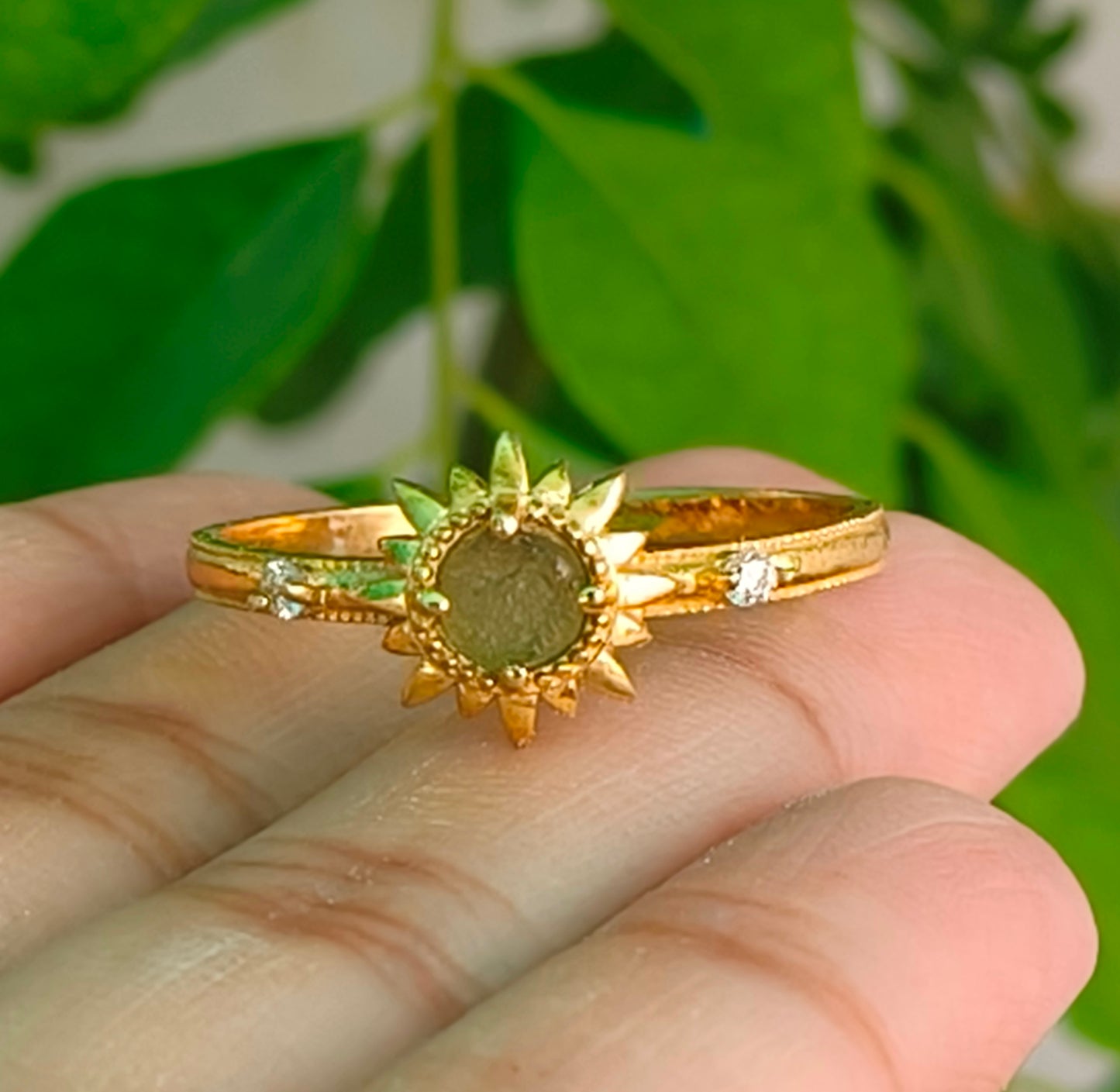 Natural Rough  Moldavite Sunburst Silver Ring - SilverForestaa