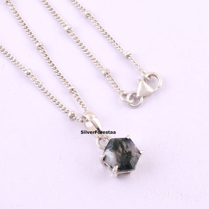 Moss Agate Gemstone Necklace – Boho Style in 925 Sterling Silver