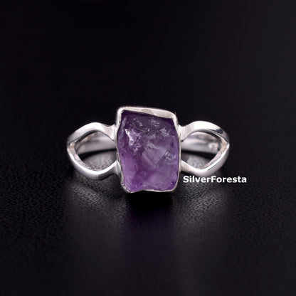 Natural Raw Amethyst Ring in 925 Sterling Silver