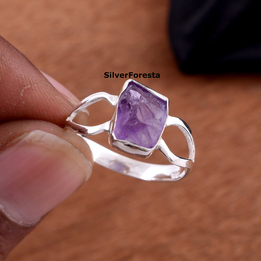 Natural Raw Amethyst Ring in 925 Sterling Silver