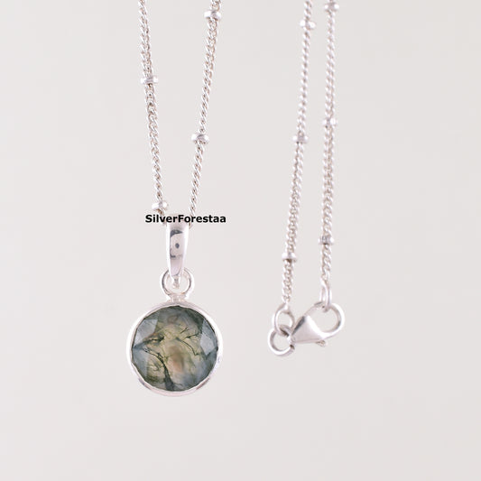 Moss Agate Pendant Necklace in 925 Sterling Silver – Nature’s Elegance - SILVERFORESTAA