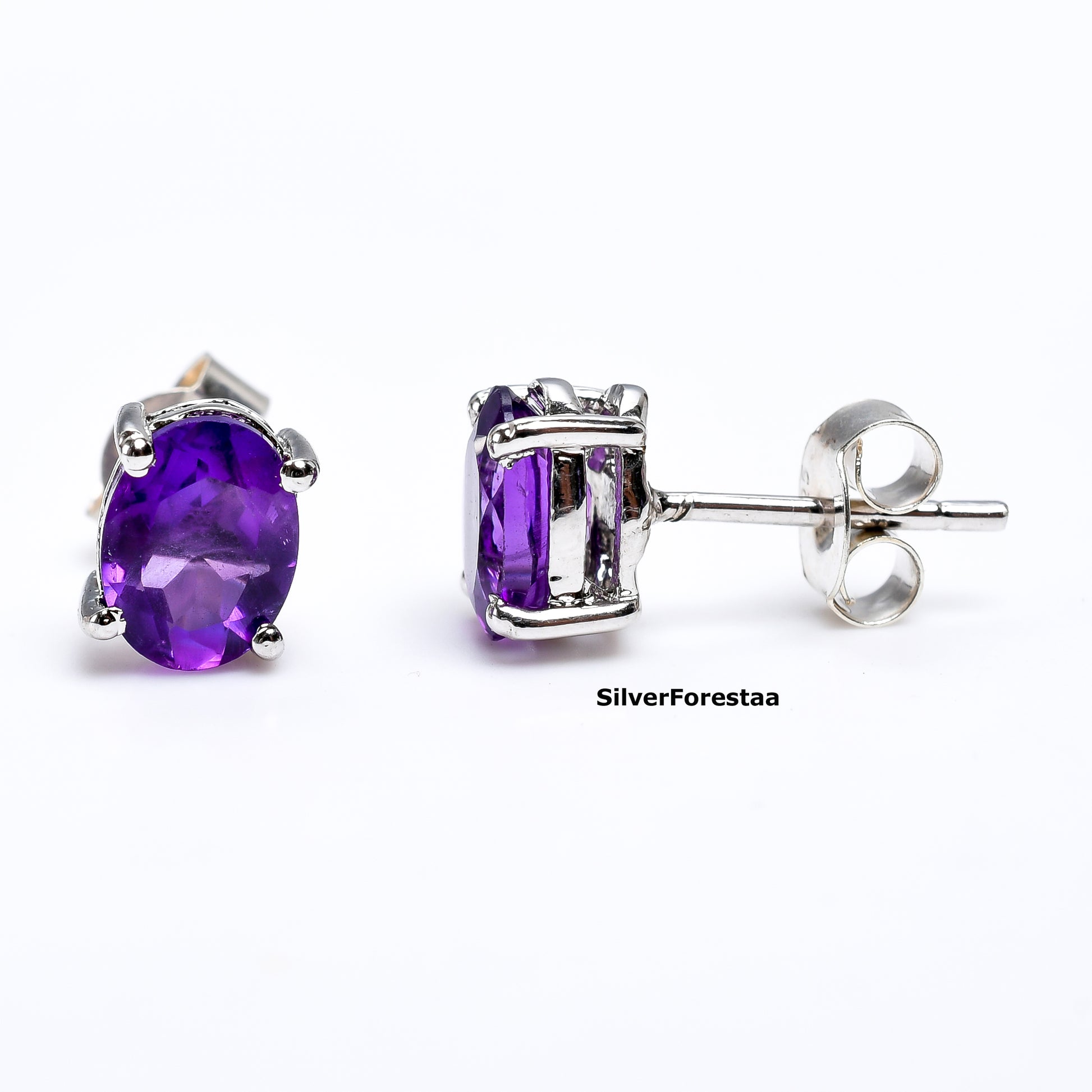 Violet Charm – Dainty Amethyst Studs in 925 Silver - SILVERFORESTAA