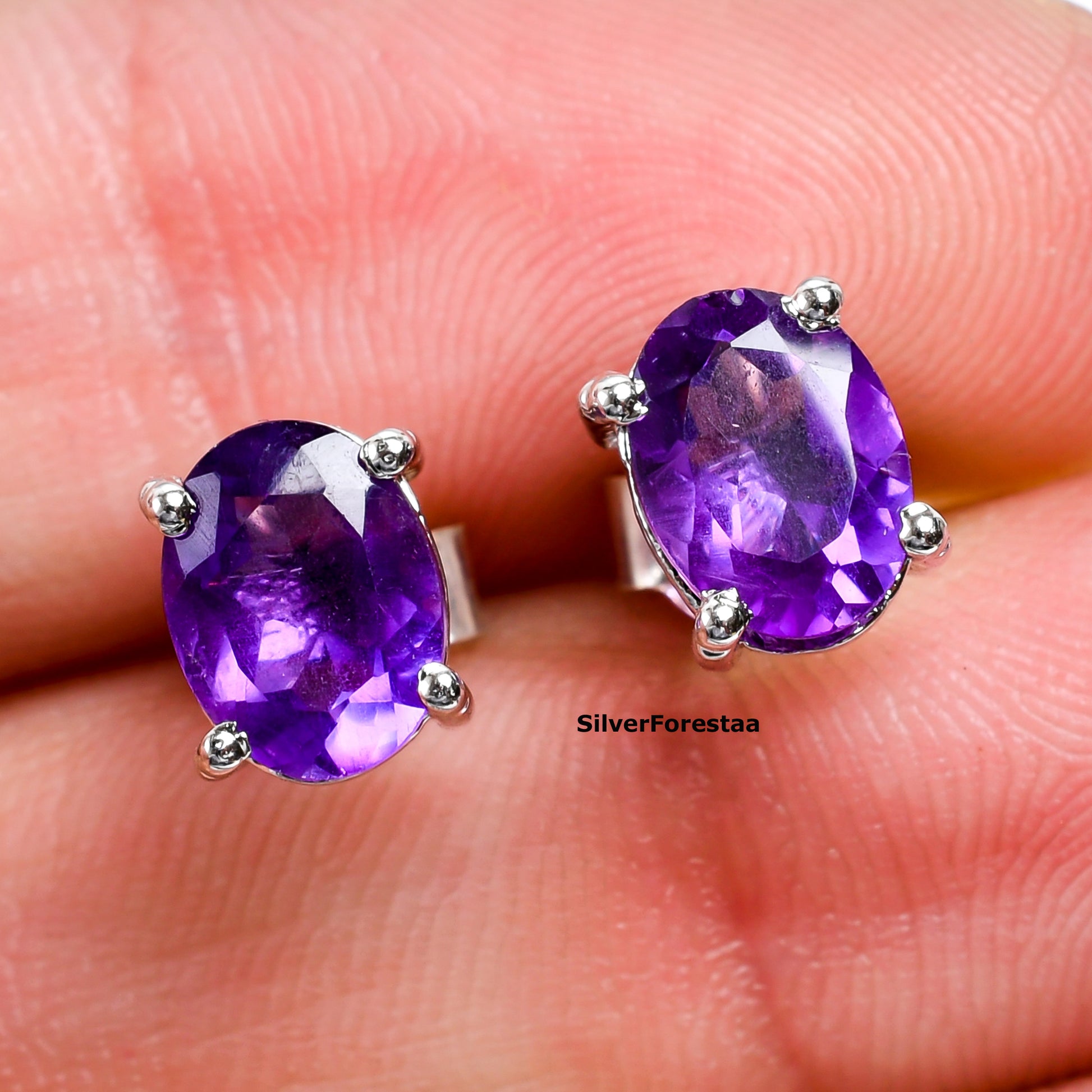 Violet Charm – Dainty Amethyst Studs in 925 Silver - SILVERFORESTAA