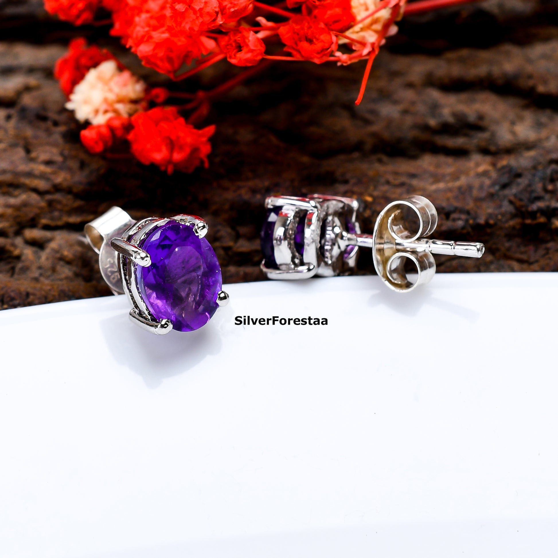 Violet Charm – Dainty Amethyst Studs in 925 Silver - SILVERFORESTAA