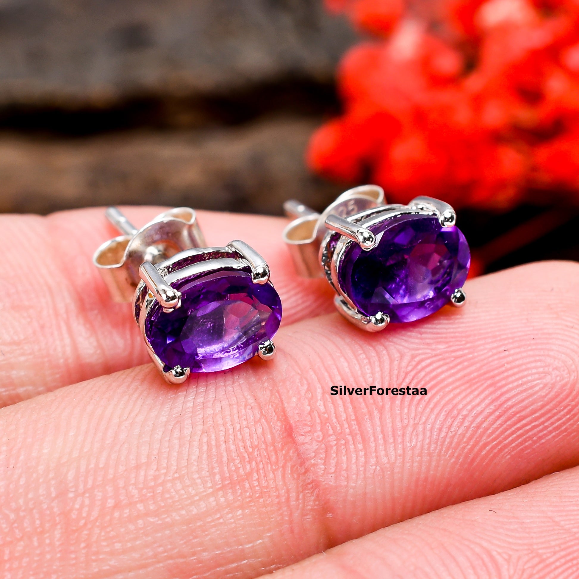 Violet Charm – Dainty Amethyst Studs in 925 Silver - SILVERFORESTAA