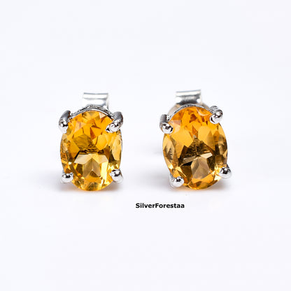 Golden Glow: Citrine Stud Earrings in 925 Sterling Silver - SILVERFORESTAA