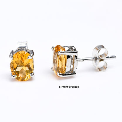 Golden Glow: Citrine Stud Earrings in 925 Sterling Silver - SILVERFORESTAA