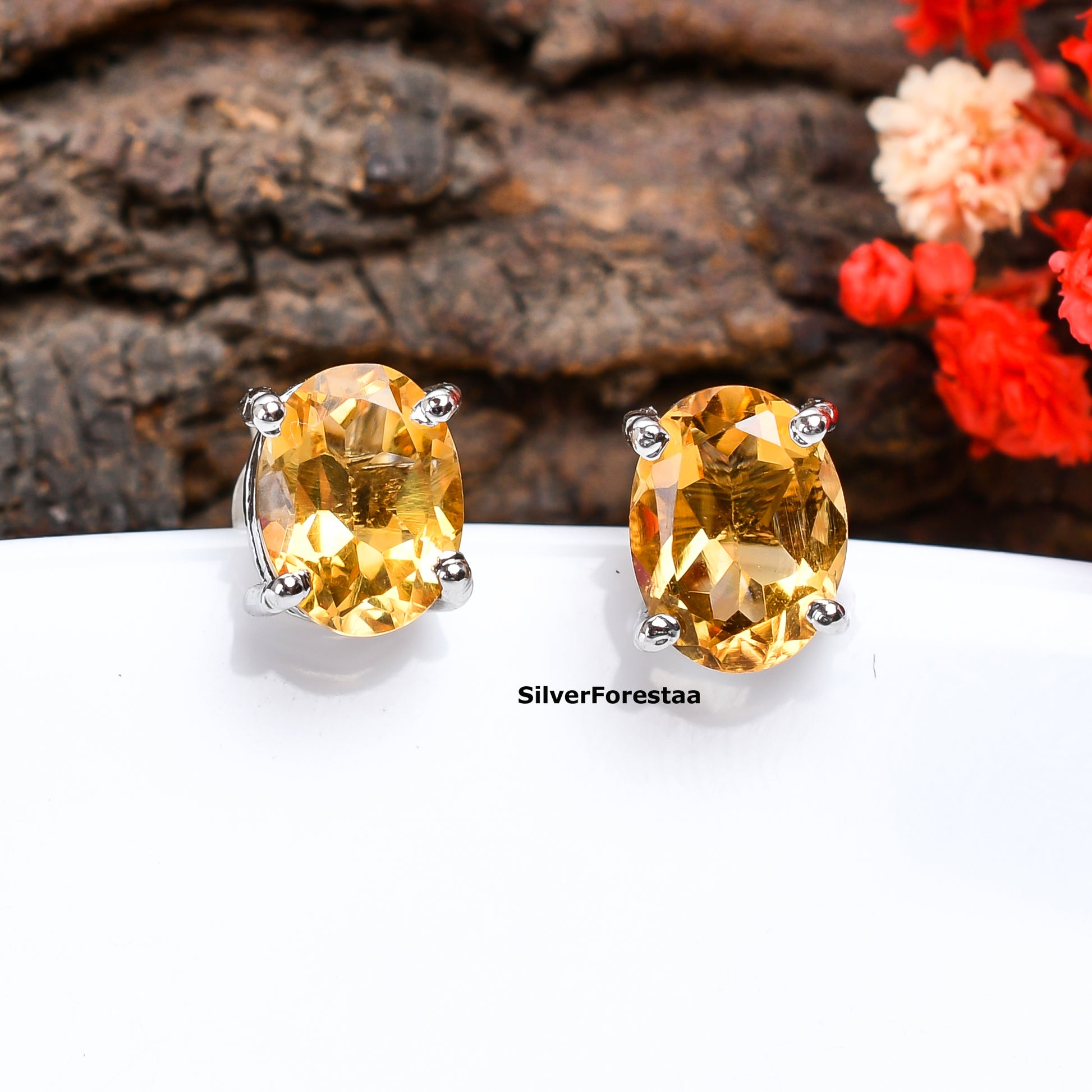 Golden Glow: Citrine Stud Earrings in 925 Sterling Silver - SILVERFORESTAA