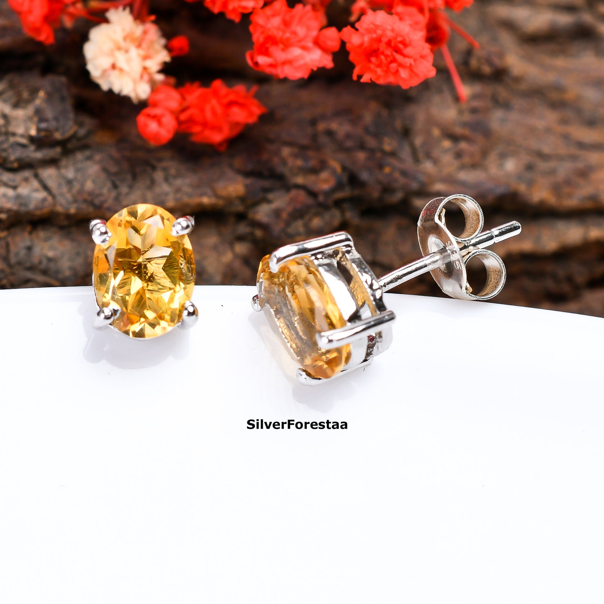Golden Glow: Citrine Stud Earrings in 925 Sterling Silver - SILVERFORESTAA