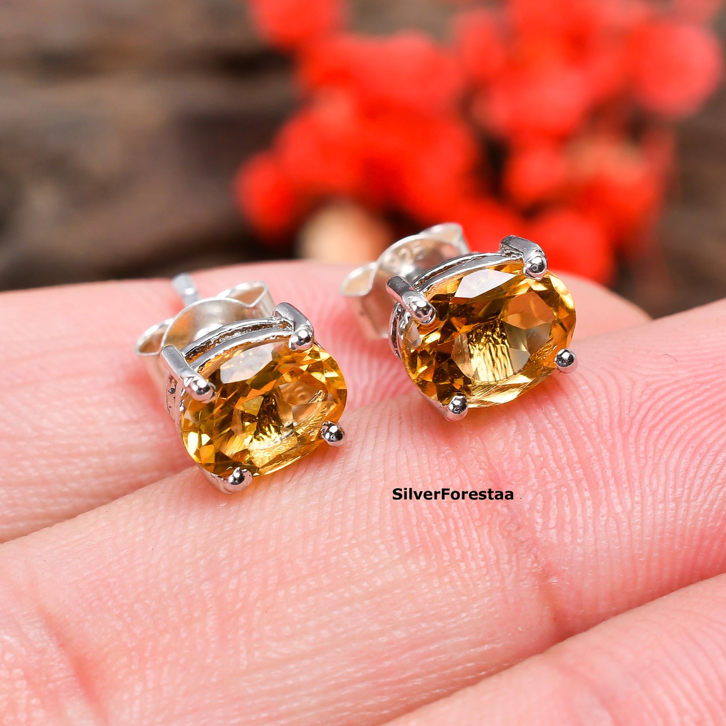 Golden Glow: Citrine Stud Earrings in 925 Sterling Silver - SILVERFORESTAA