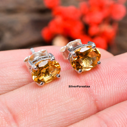 Golden Glow: Citrine Stud Earrings in 925 Sterling Silver - SILVERFORESTAA
