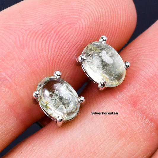 Chic Green Amethyst Sterling Silver Stud Earrings - SILVERFORESTAA