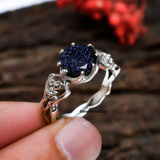 Bohemian Blue Sandstone Gemstone Ring in 925 Sterling Silver – Mystical Artisan Jewelry