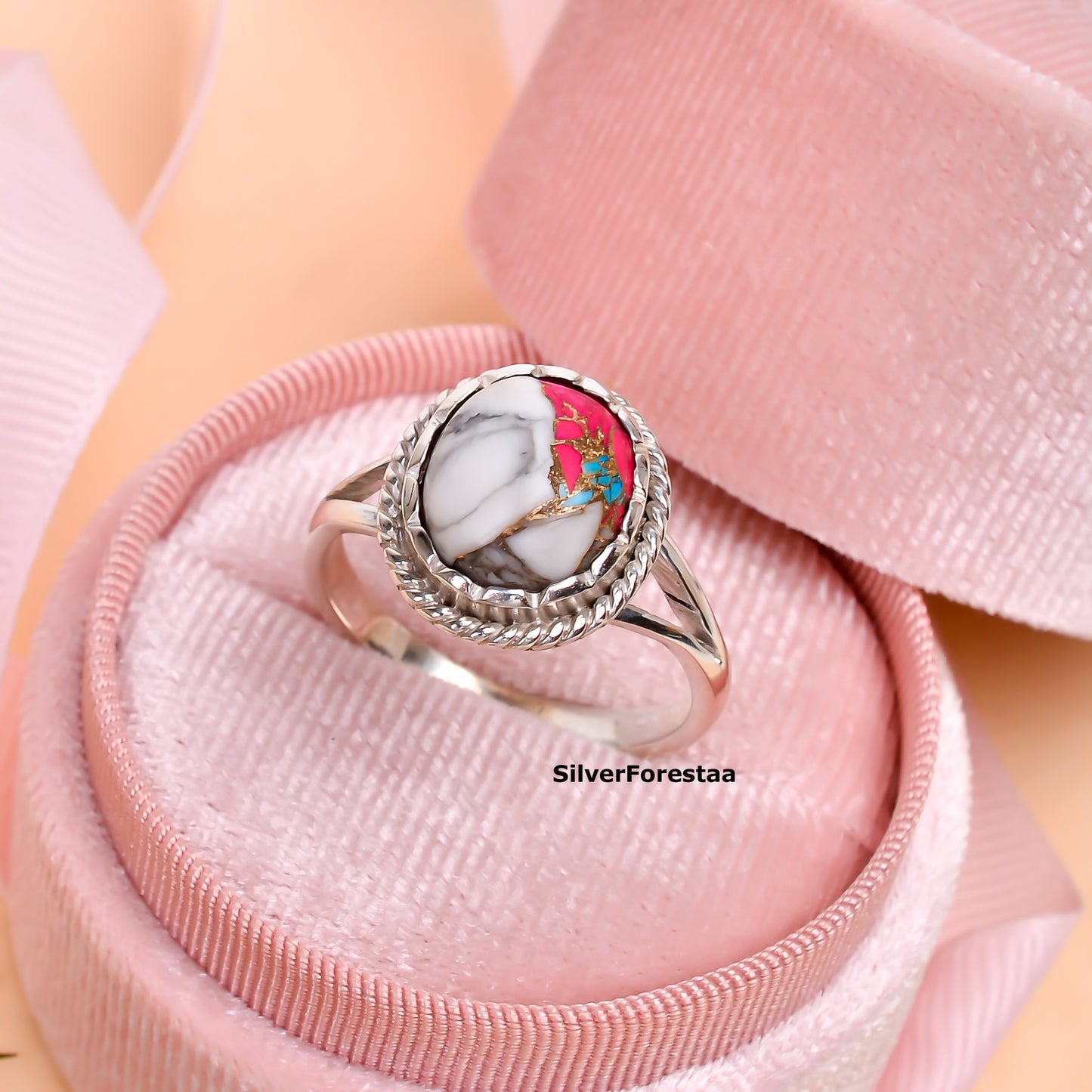 Handcrafted Boho Bliss – Cotton Candy Turquoise Silver Ring