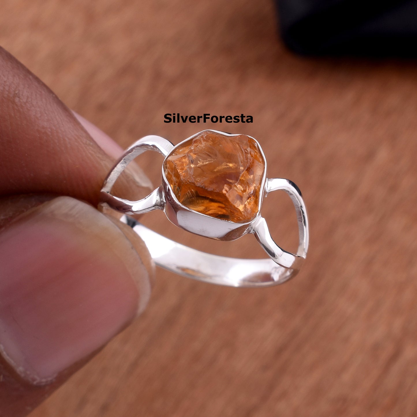 Rough Citrine Gemstone Ring - SilverForestaa