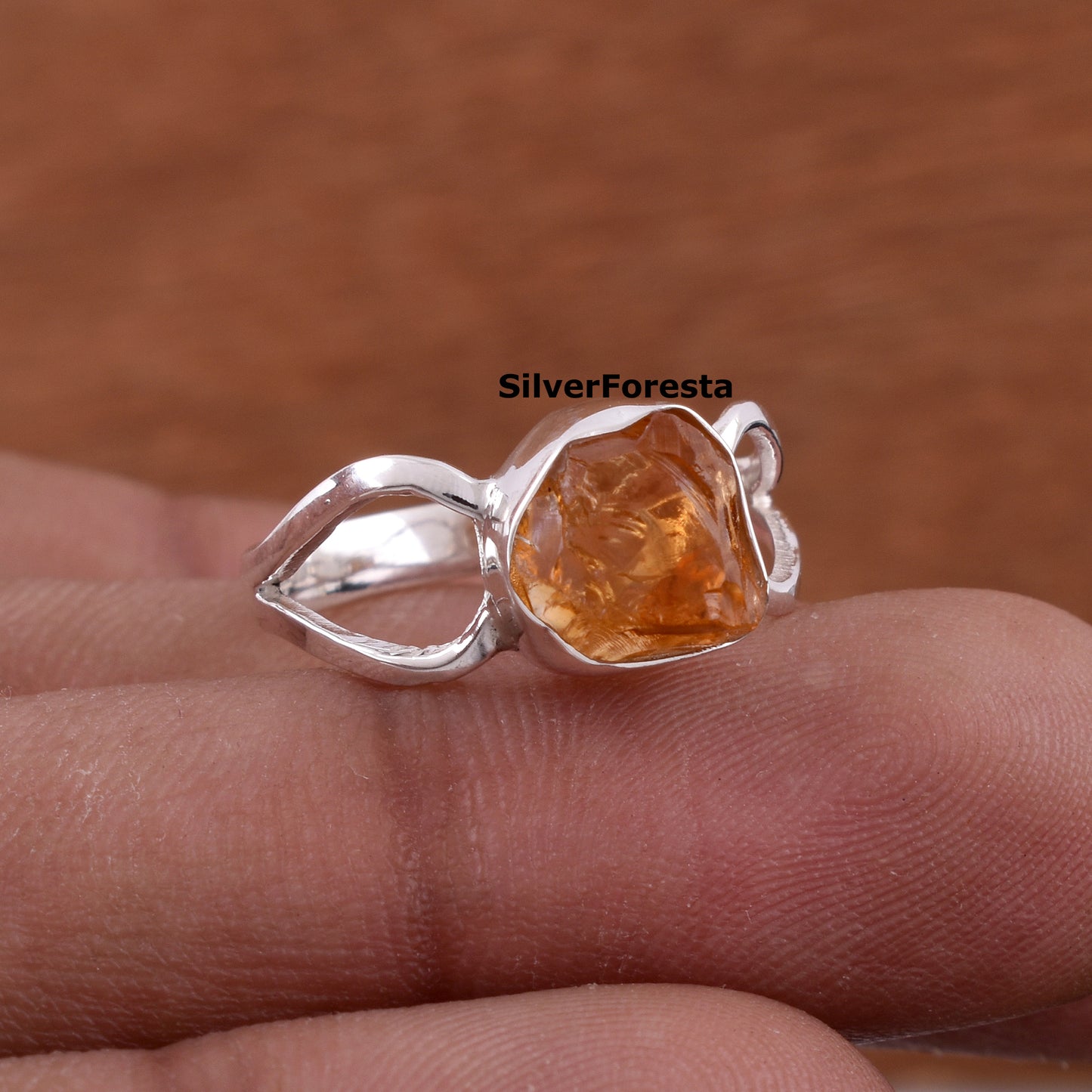 Rough Citrine Gemstone Ring - SilverForestaa