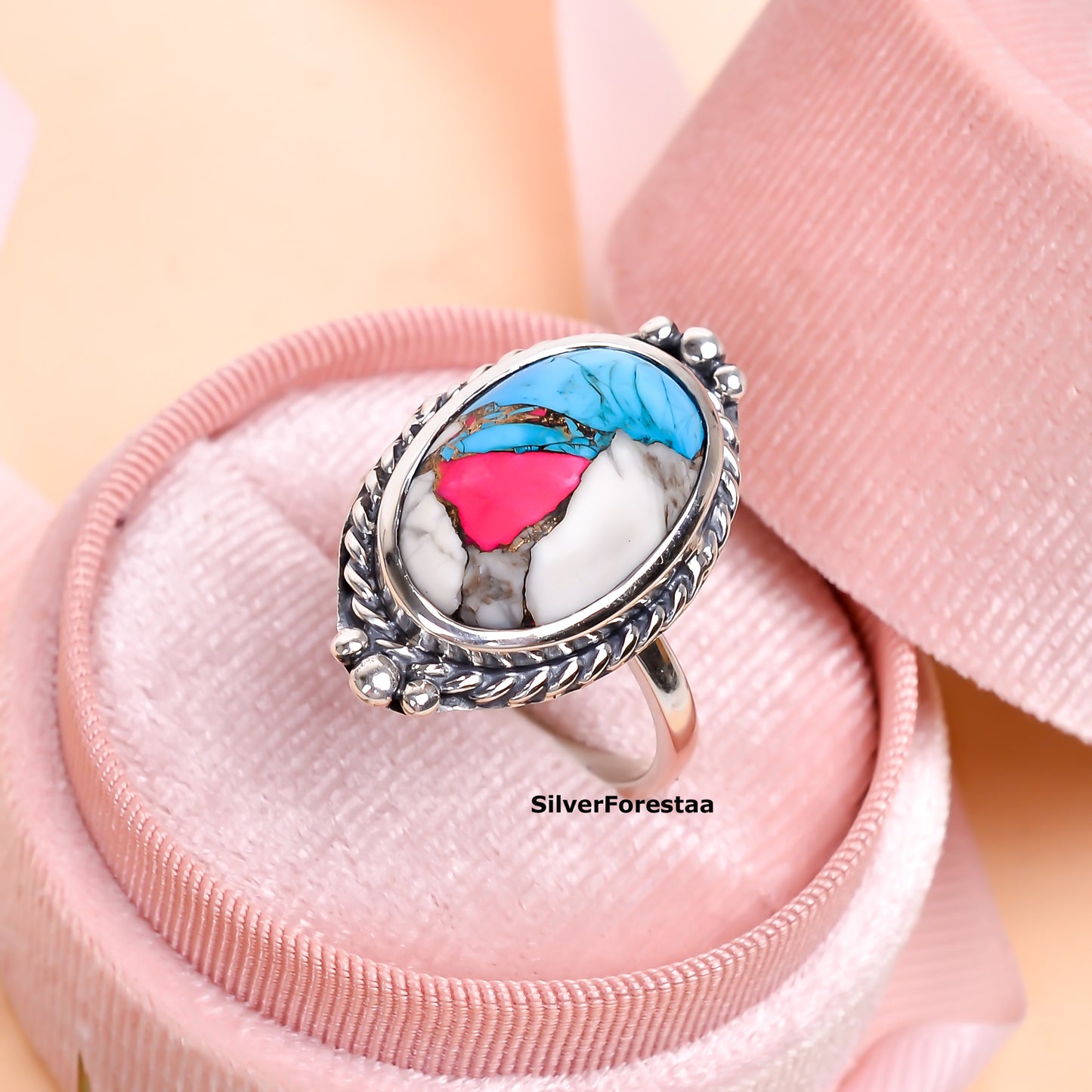 Cotton Candy Turquoise Gemstone Ring – Elegant Silver Setting