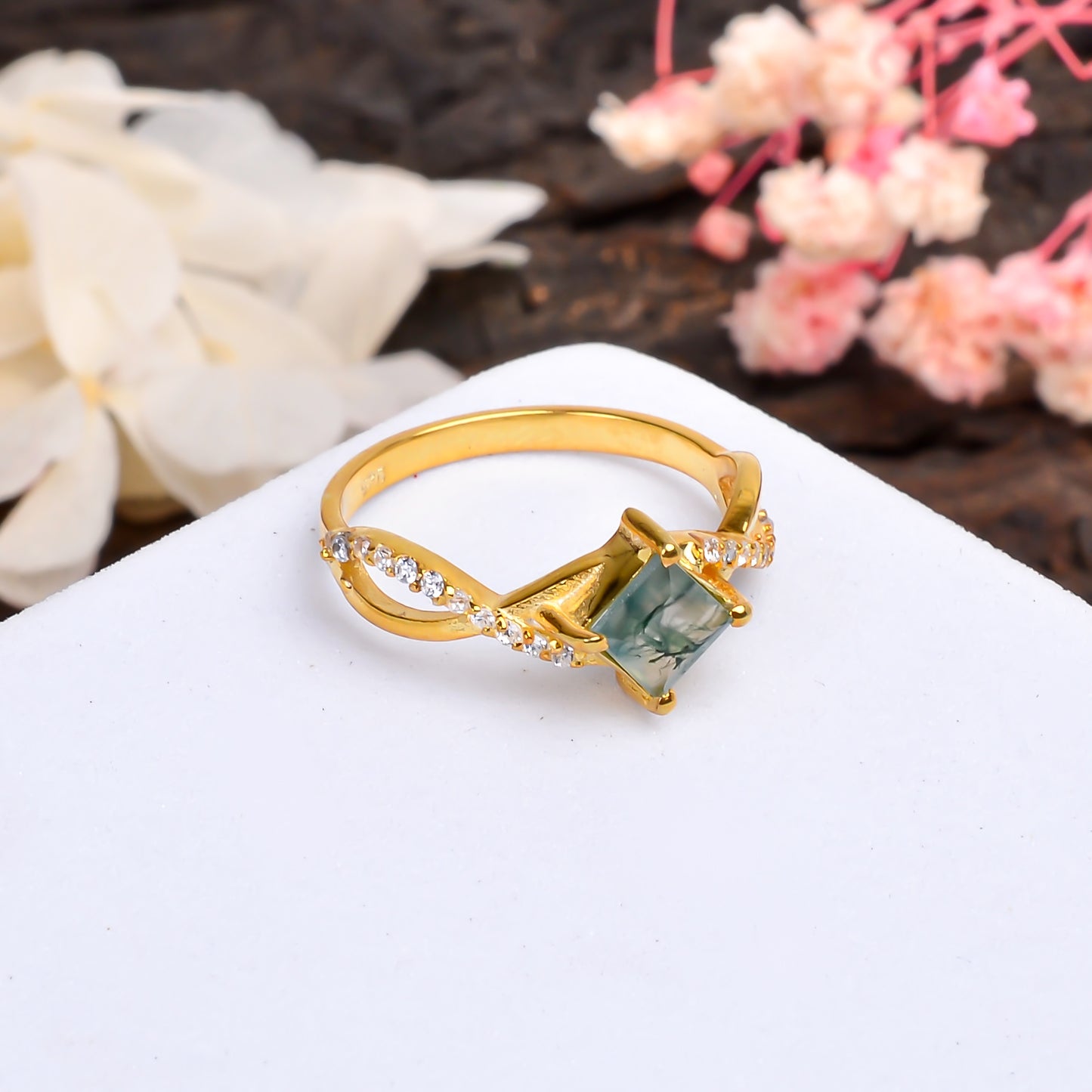Natural Moss Agate Engagement Ring | 925 Sterling Silver
